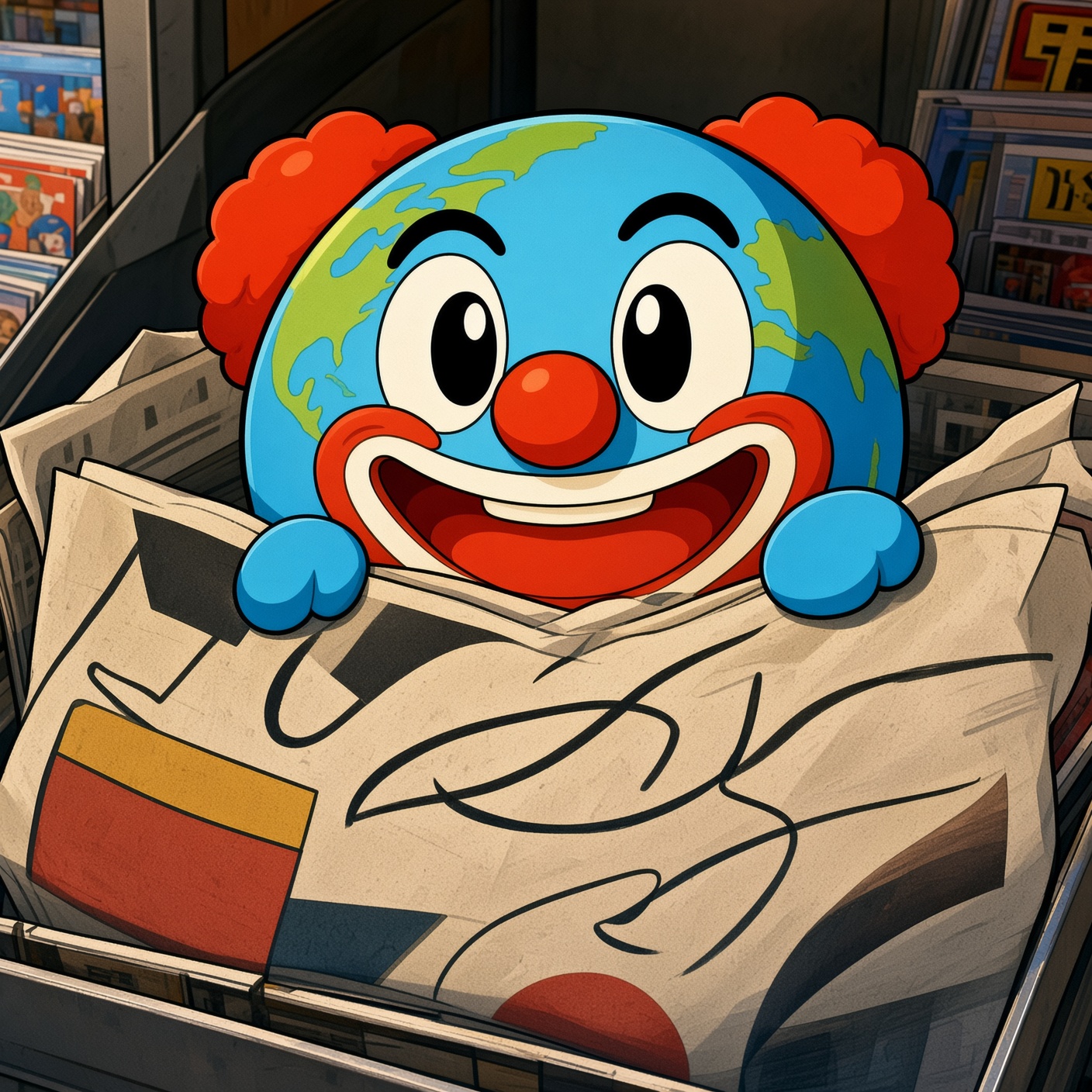 Clown Earth peeking over a newspaper