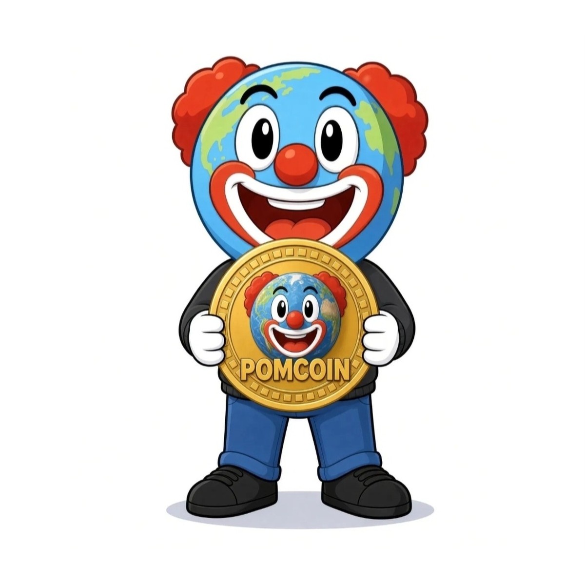 Clown Earth mascot holding a giant POMCOIN