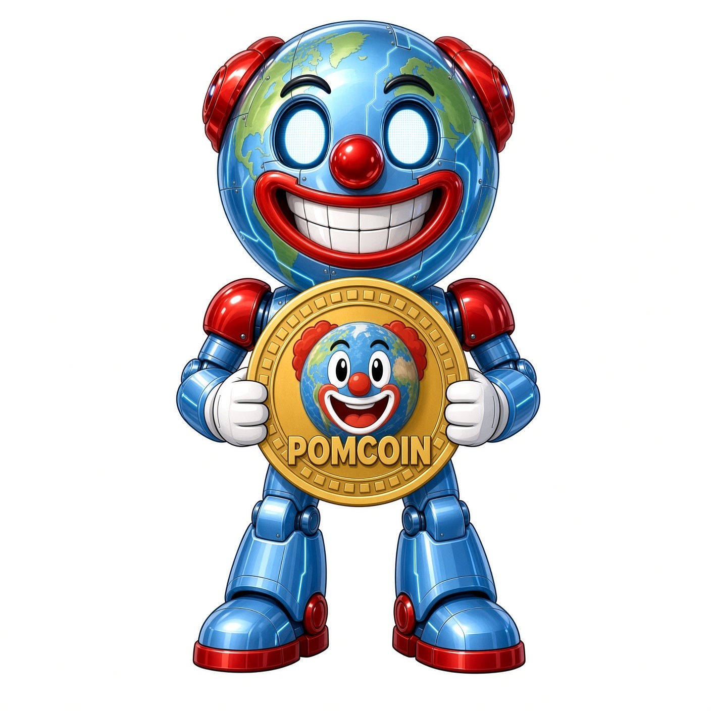Robot clown Earth holding a giant POMCOIN